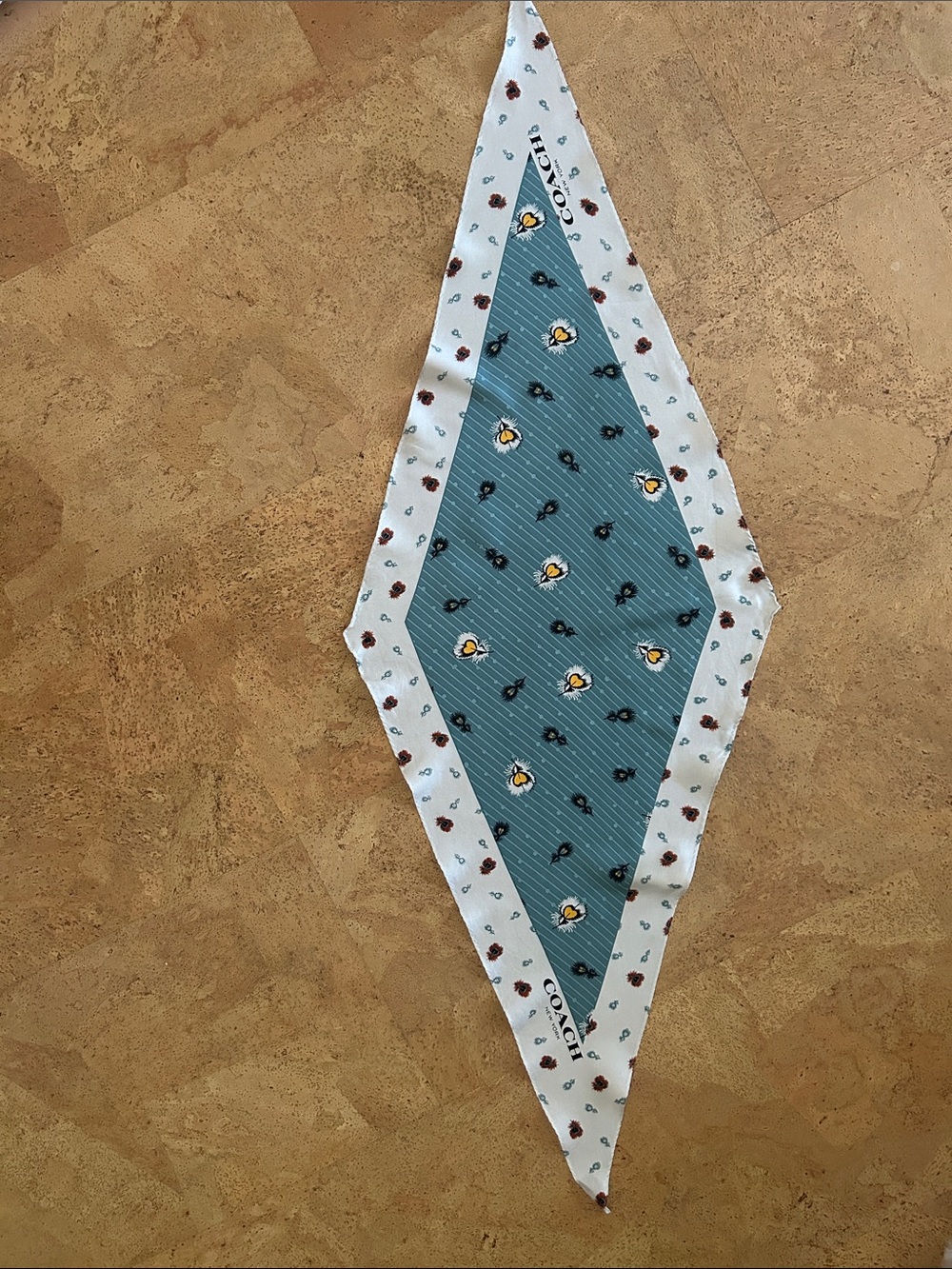 Coach Teal and White Diamond Silk Scarf with Floral Motif